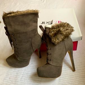 Size 10 Gray Fur Trim High Heel Boots Just Fab